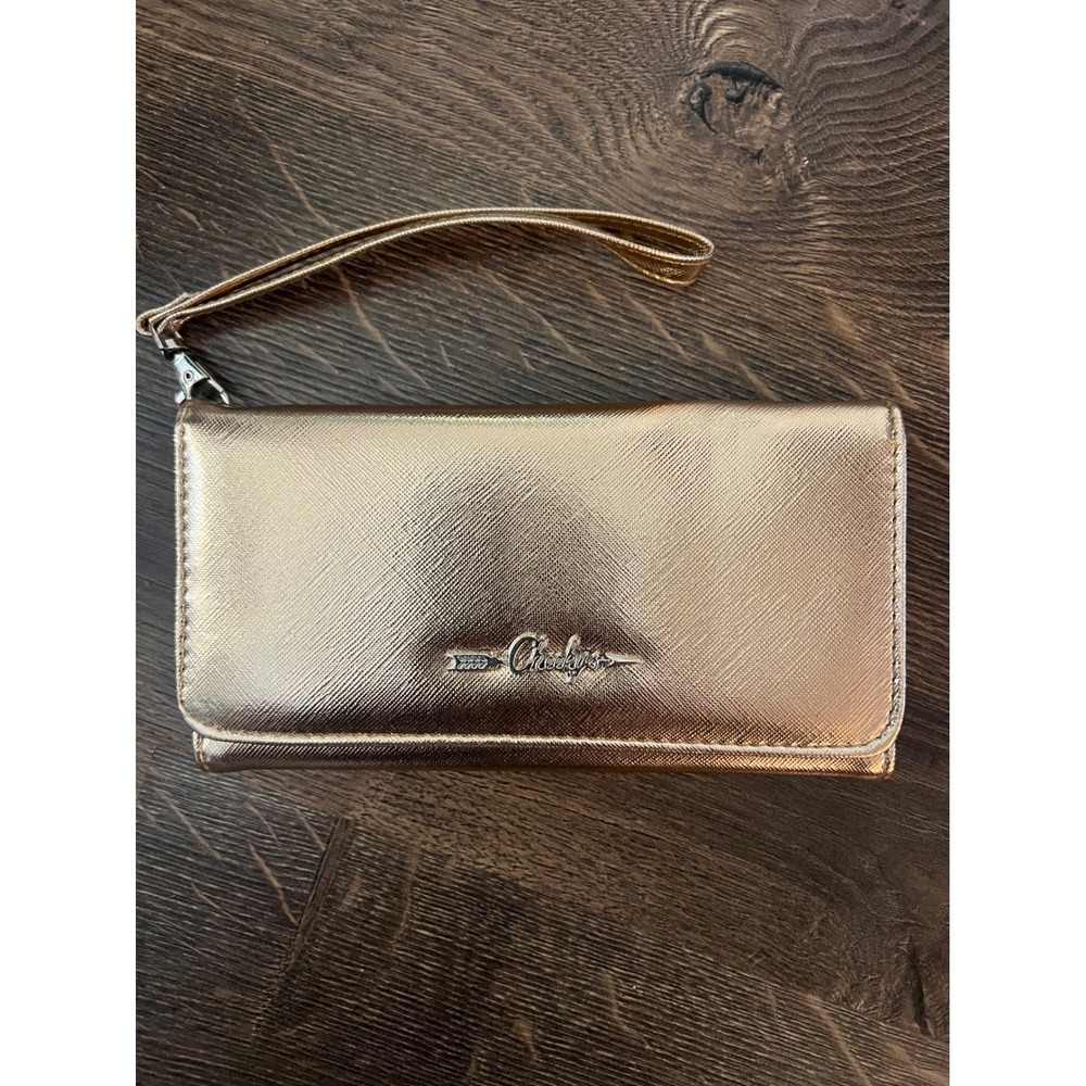 Cheekys Gold Metallic Wristlet Wallet Pink Interior Snap Closure Clutch‎